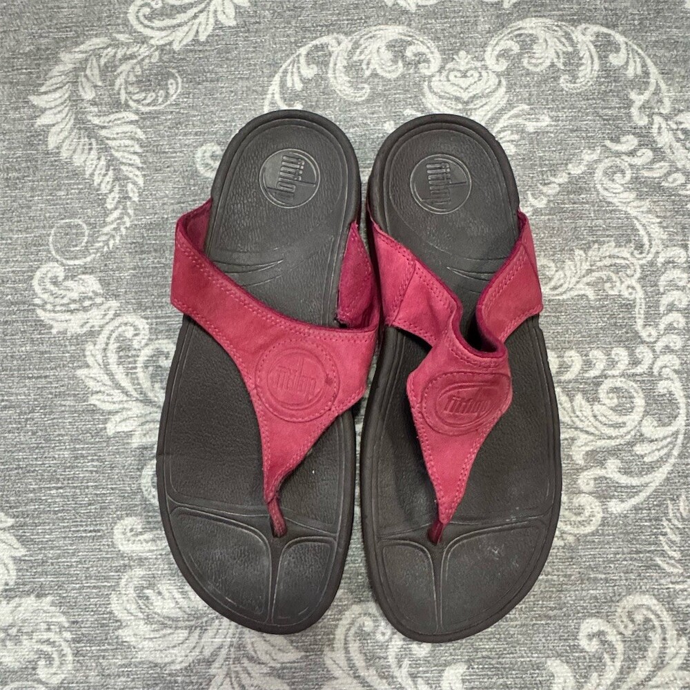 FitFlop Lulu Toe Post Thong Sandals Womens Red Wedge Comfort Size 9